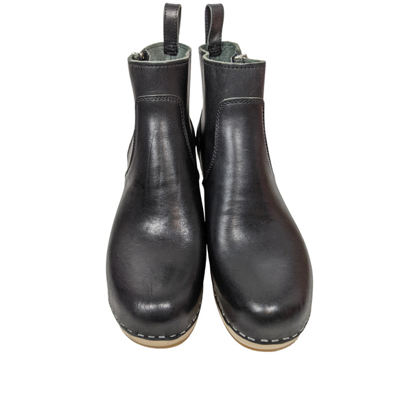 Swedish Hasbeens 39 black Zip It Emy boot bootie zipper ankle leather wood clog - Picture 2 of 8